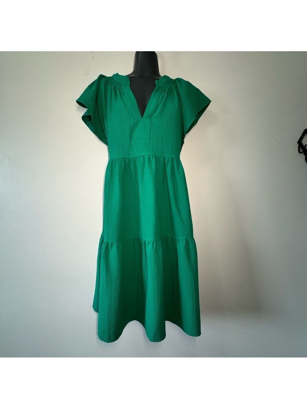 Calvin Klein Vibrant Green Flutter Sleeve Midi Dress